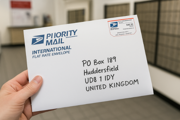 How do you send international mail to PO Box 189 Huddersfield HD8 1DY from outside the UK